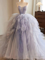 Ball Gown Ruffles Blue Tulle Lace Up Prom Dress