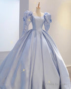 Ball Gown Satin Dresses Puffy Sleeves Open Back