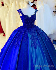 Ball Gown Satin Dresses Sweetheart Spaghetti Straps Lace Embroidery