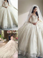 Ball Gown Scoop Cathedral Train Tulle Wedding Dresses With Appliques Lace