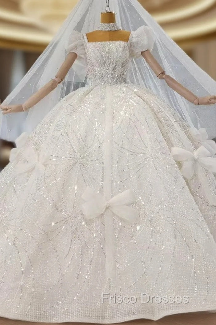 Ball Gown Sequins Square Puff Sleeve Bow Wedding Dress