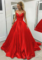 Ball Gown Sleeveless Scalloped Neck Sweep Train Satin Prom Dresses With Pleated Pockets