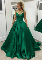 Ball Gown Sleeveless Scalloped Neck Sweep Train Satin Prom Dresses With Pleated Pockets
