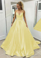 Ball Gown Sleeveless Scalloped Neck Sweep Train Satin Prom Dresses With Pleated Pockets