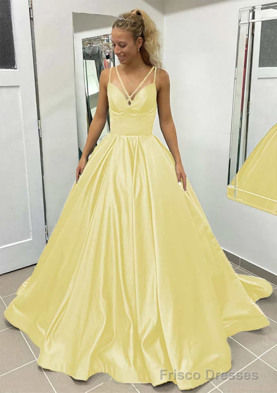 Ball Gown Sleeveless Scalloped Neck Sweep Train Satin Prom Dresses With Pleated Pockets