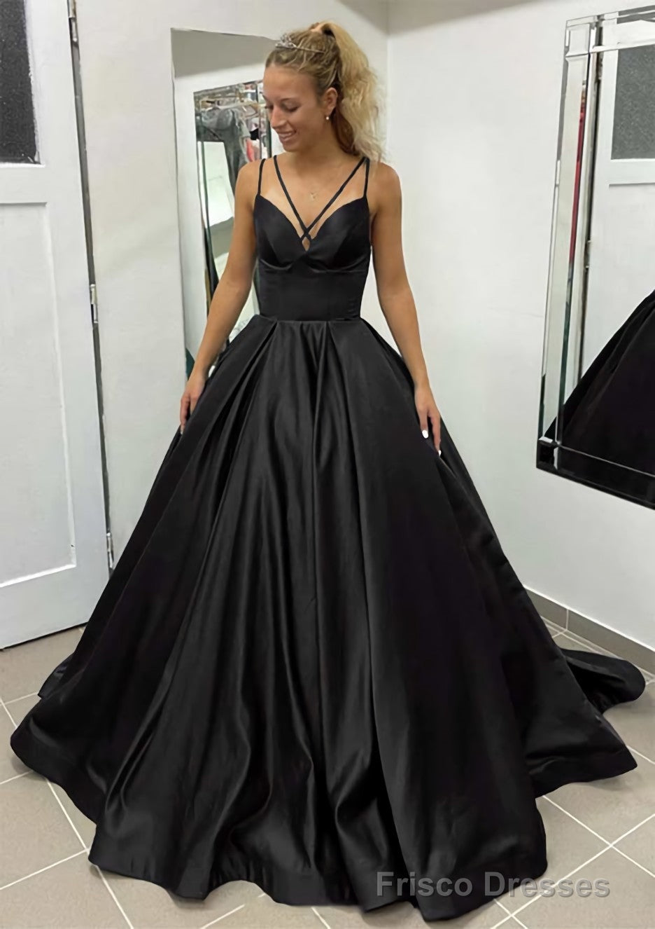 Ball Gown Sleeveless Scalloped Neck Sweep Train Satin Prom Dresses With Pleated Pockets