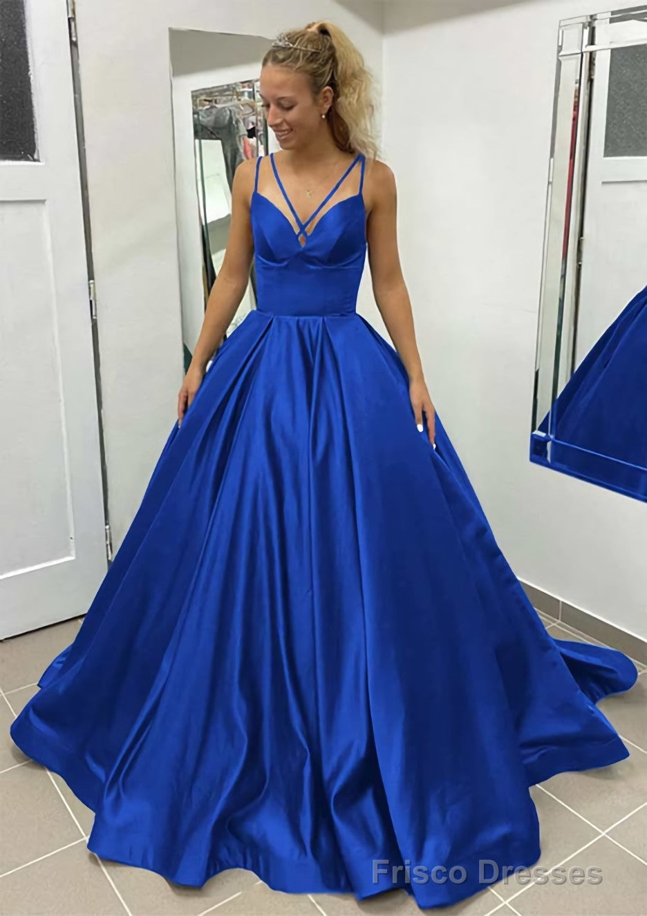 Ball Gown Sleeveless Scalloped Neck Sweep Train Satin Prom Dresses With Pleated Pockets