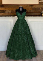 Ball Gown Sleeveless V Neck Long/Floor-Length Sequined Sparkling Prom Dresses With Pleated