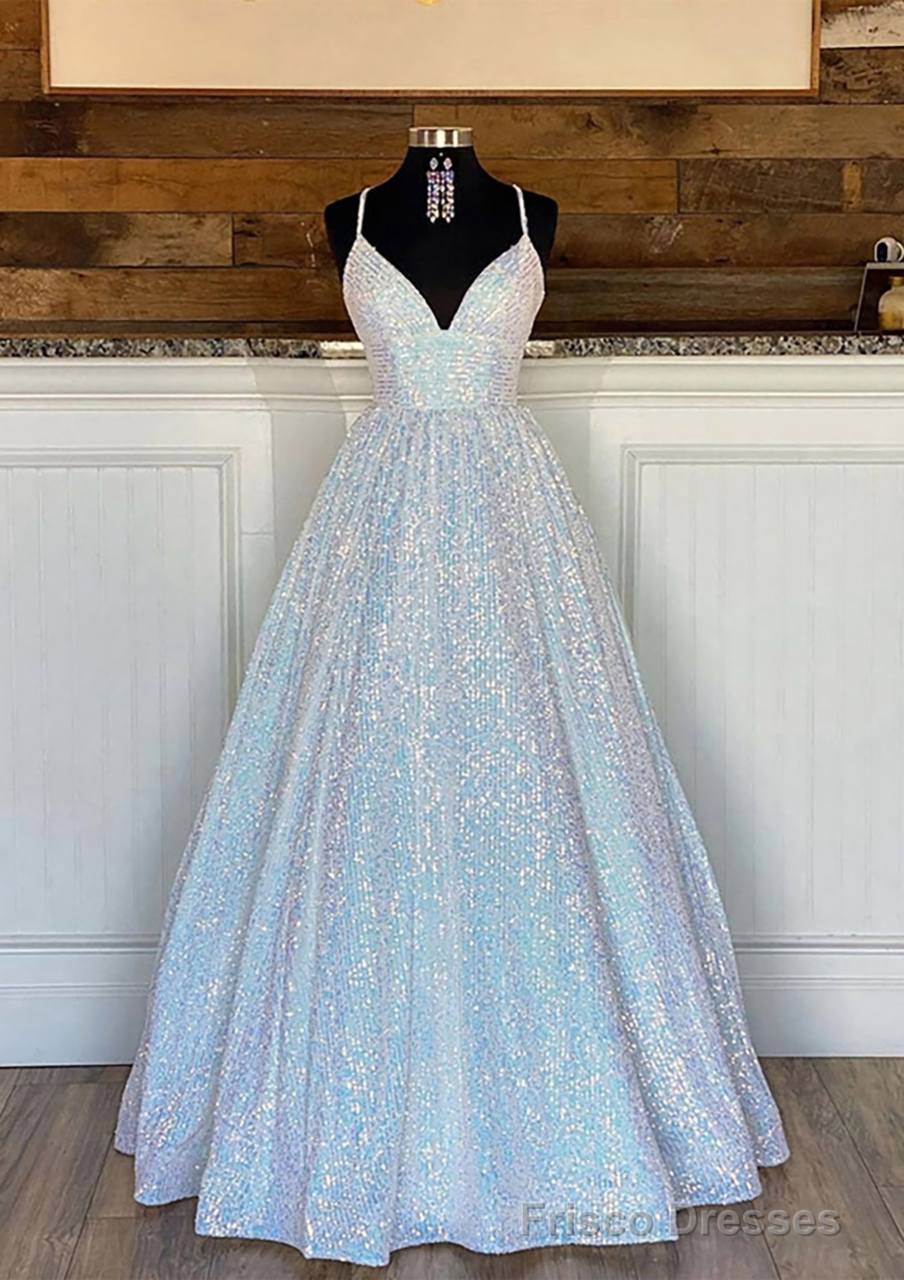 Ball Gown Sleeveless V Neck Long/Floor-Length Sequined Sparkling Prom Dresses With Pleated Main image