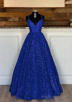 Ball Gown Sleeveless V Neck Long/Floor-Length Sequined Sparkling Prom Dresses With Pleated