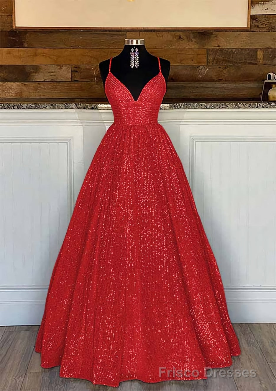 Ball Gown Sleeveless V Neck Long/Floor-Length Sequined Sparkling Prom Dresses With Pleated
