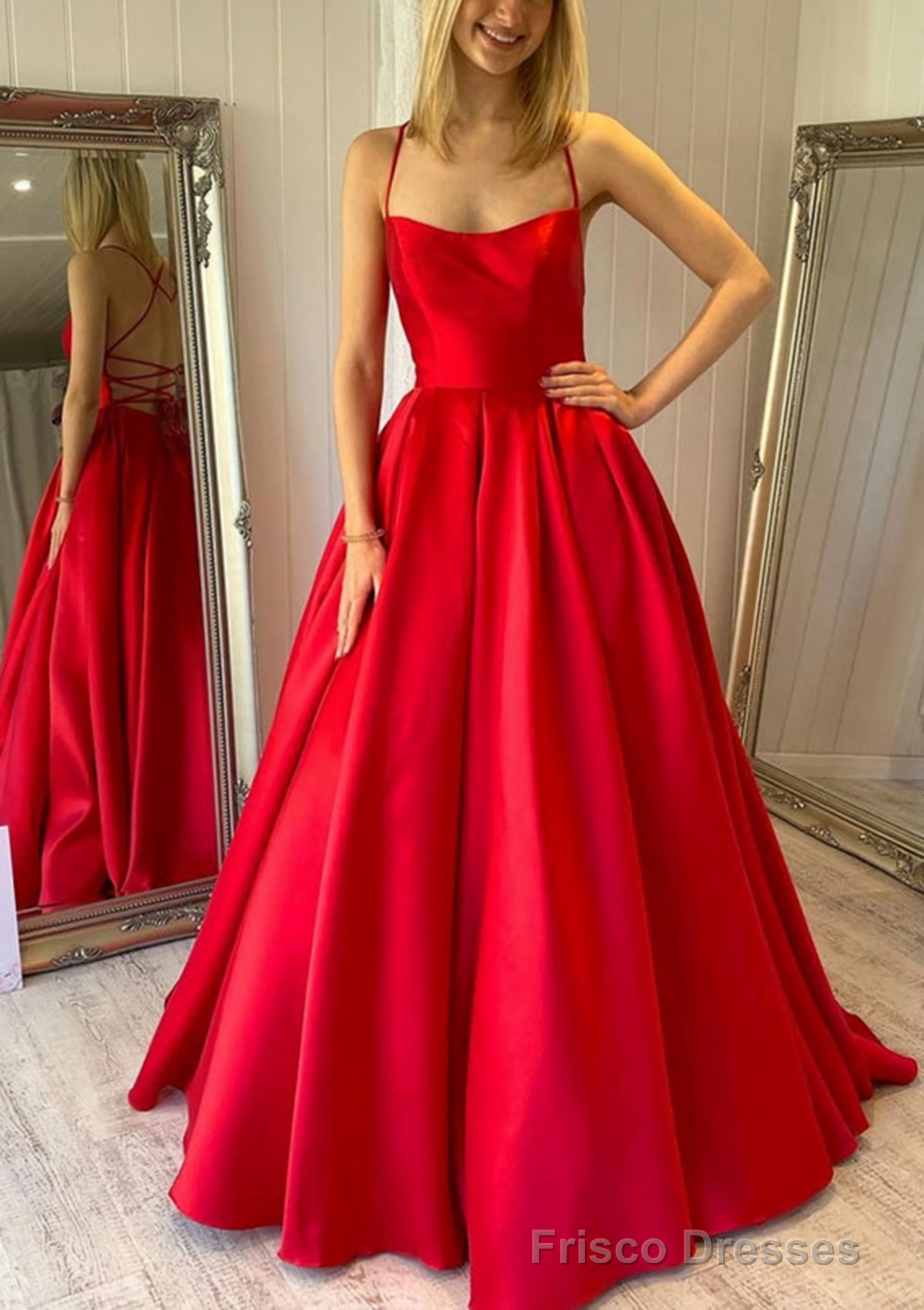Ball Gown Square Neckline Sleeveless Satin Sweep Train Prom Dresses With Pleated Pockets Main image