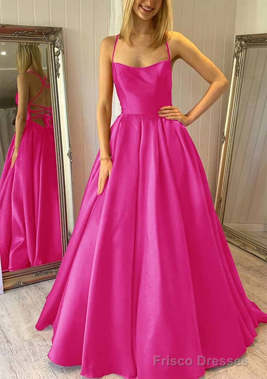 Ball Gown Square Neckline Sleeveless Satin Sweep Train Prom Dresses With Pleated Pockets