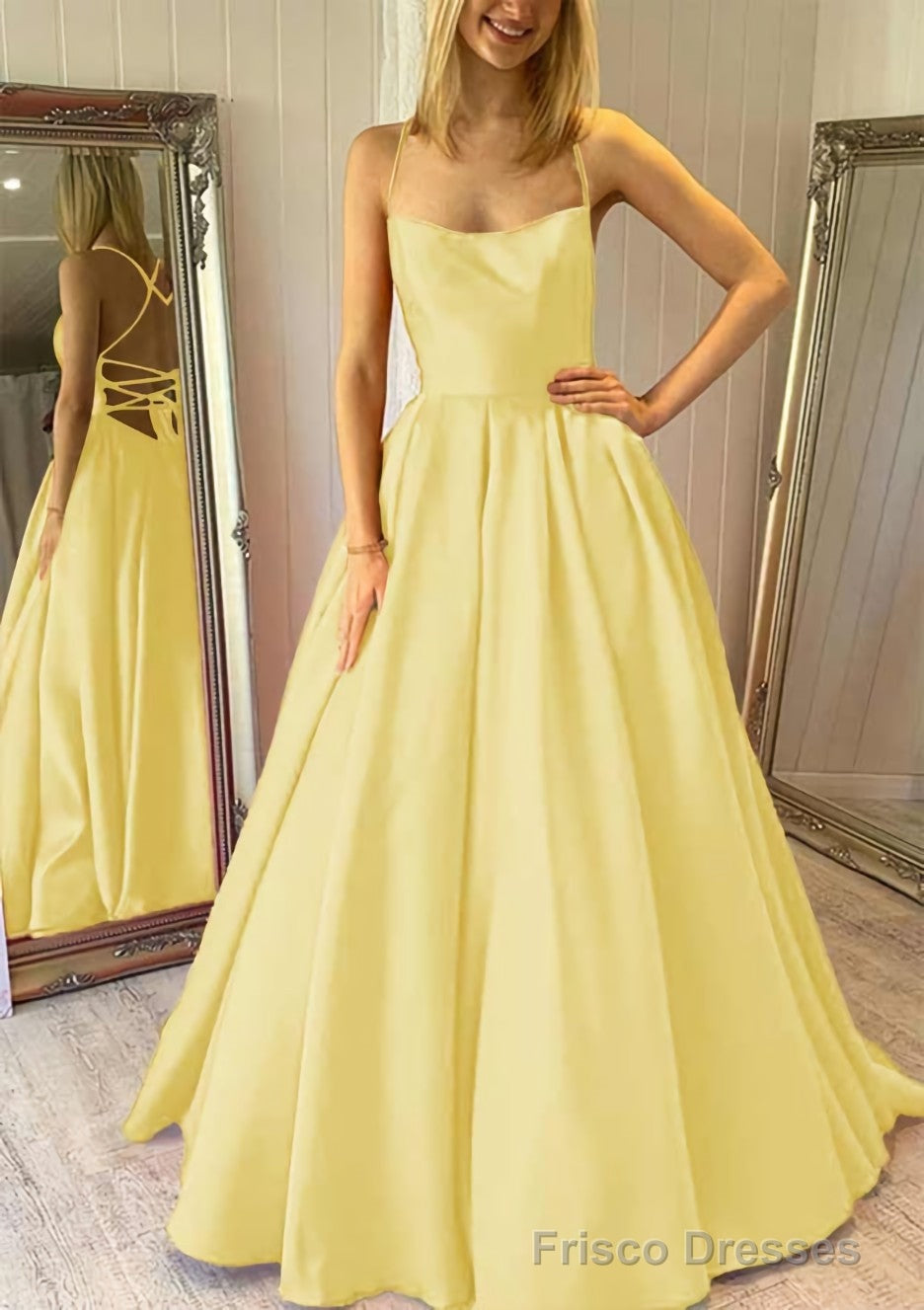 Ball Gown Square Neckline Sleeveless Satin Sweep Train Prom Dresses With Pleated Pockets