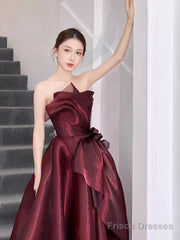 Ball Gown Strapless Burgundy Organza Prom Dresses Evening Dress