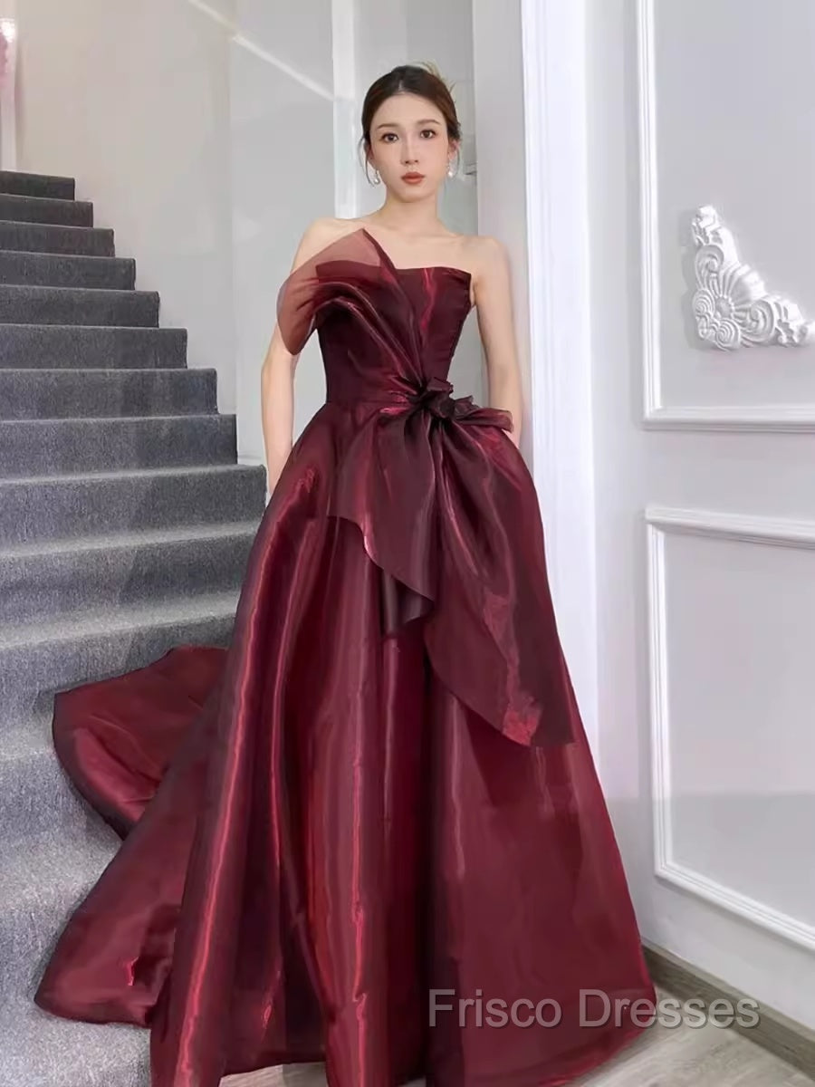 Ball Gown Strapless Burgundy Organza Formal Prom Dress Formal Dress