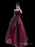 Ball Gown Strapless Burgundy Organza Formal Prom Dress Formal Dress