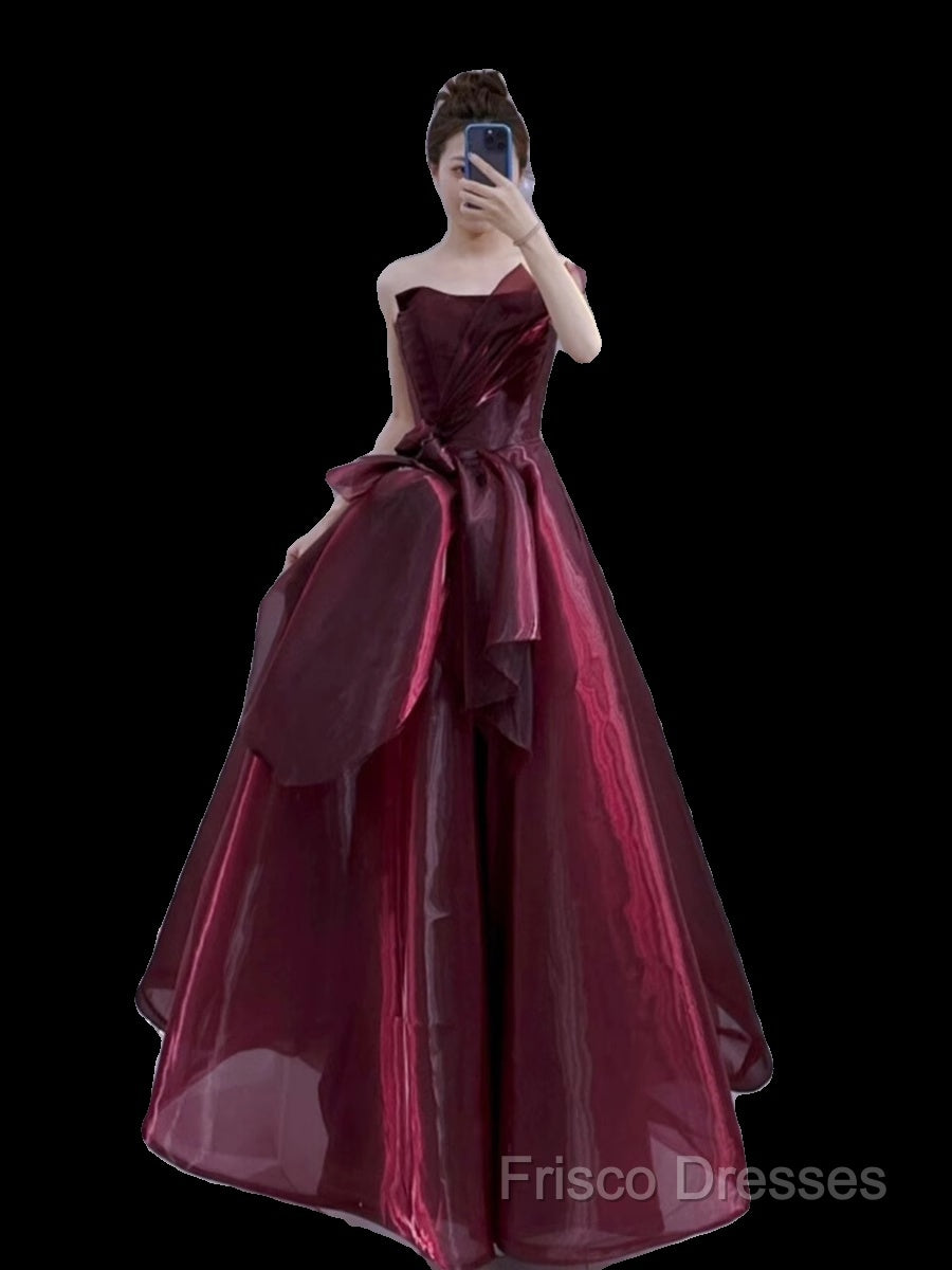Ball Gown Strapless Burgundy Organza Formal Prom Dress Formal Dress
