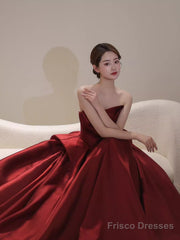 Ball Gown Strapless Burgundy Satin Prom Dresses Evening Dress