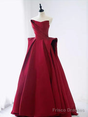 Ball Gown Strapless Burgundy Satin Prom Dresses Evening Dress