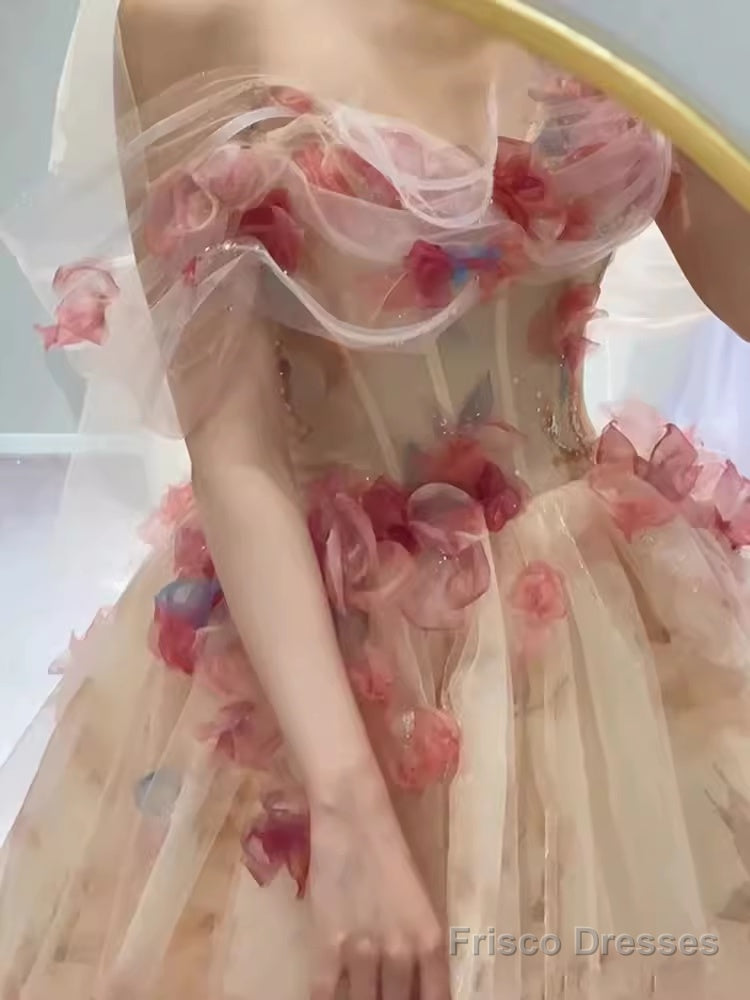 Ball Gown Strapless Champagne Floral Prom Dress Long Party Dresses