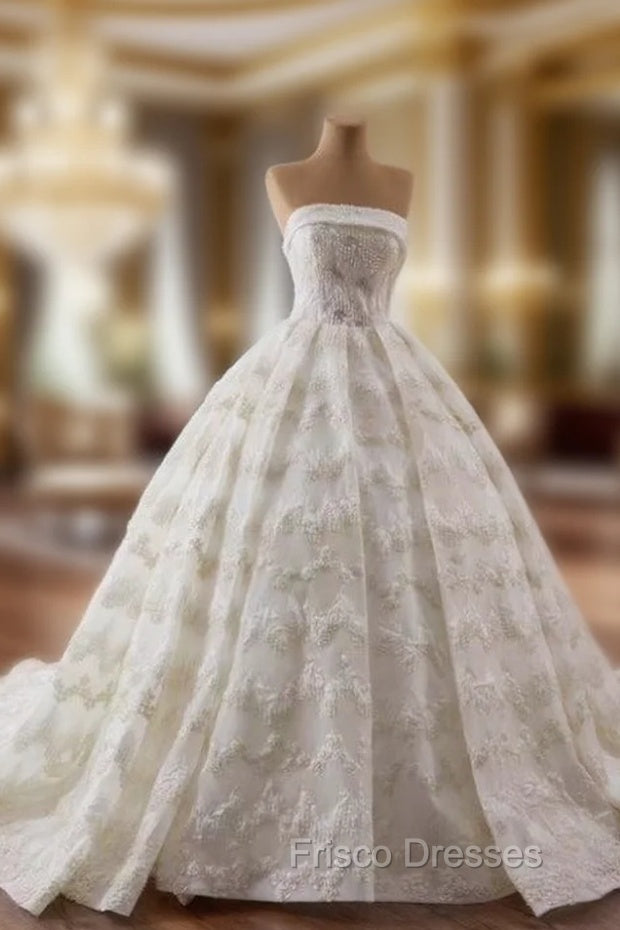 Ball Gown Strapless Lace Pearls Wedding Dress