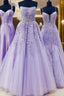 Ball Gown Strapless Purple Violet Formal Prom Dress Lace Long Formal Gown