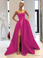 Ball Gown Strapless Sweep Train Satin Prom Dresses With Leg Slit