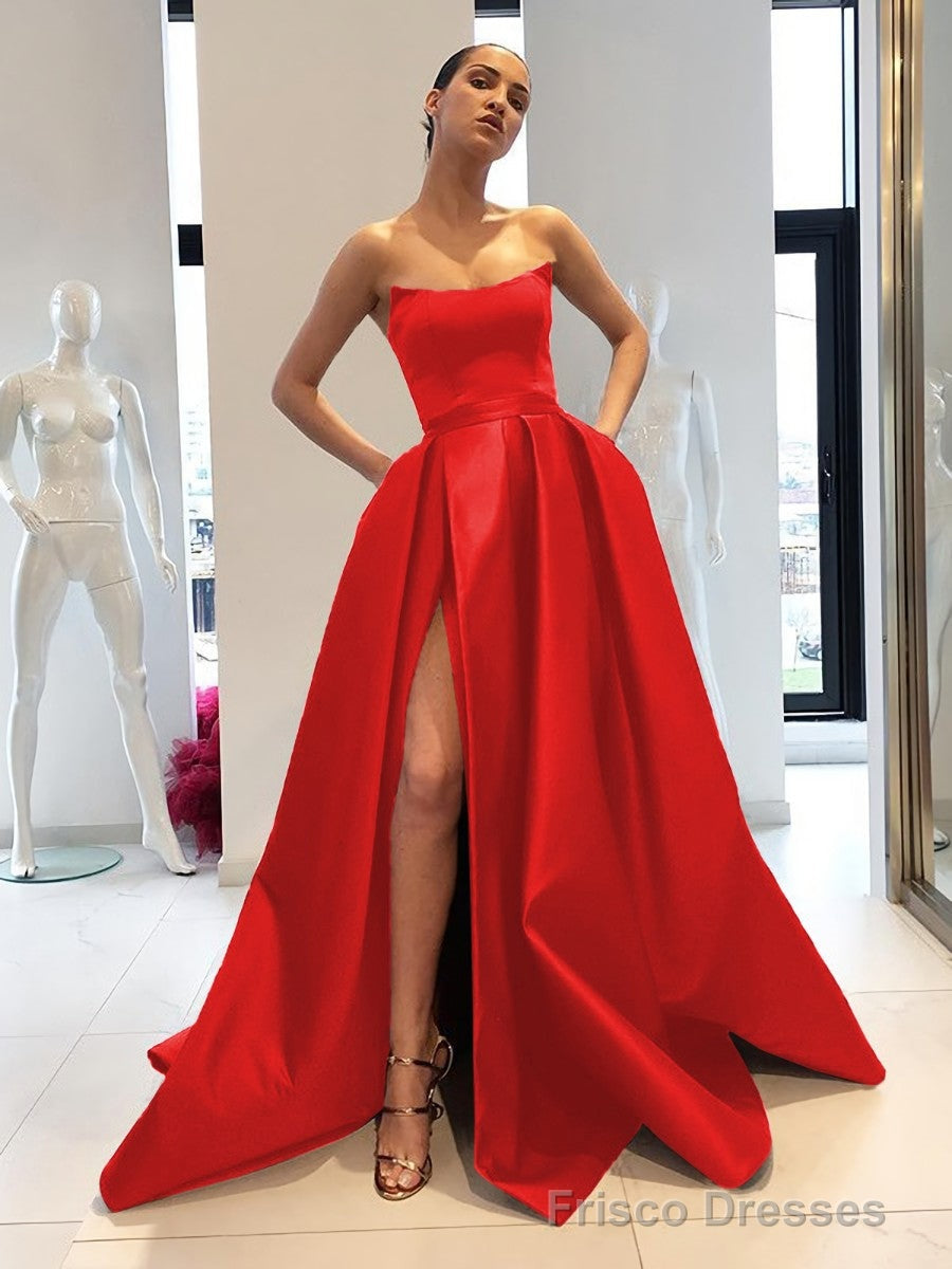 Ball Gown Strapless Sweep Train Satin Prom Dresses With Leg Slit