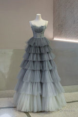 Ball Gown Strapless Tulle Long Gray Prom Dress Evening Dresses