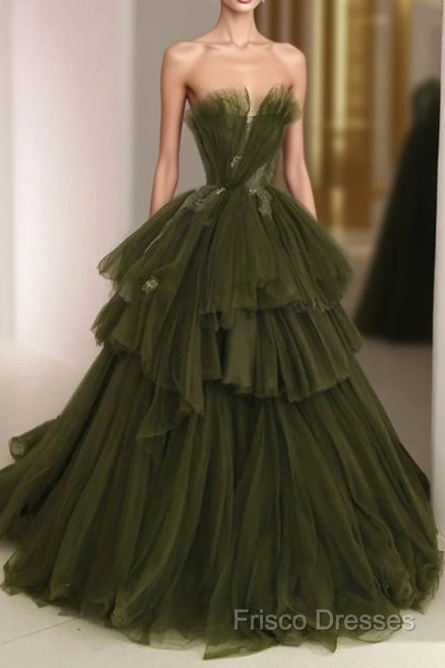 Ball Gown Strapless Tulle Long Green Formal Prom Dress Formal Dress
