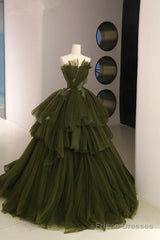 Ball Gown Strapless Tulle Long Green Prom Dress Evening Dresses