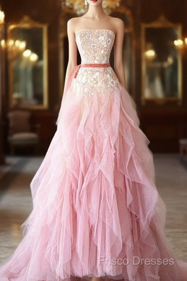 Ball Gown Strapless Tulle Long Pink Formal Prom Dress Formal Dress