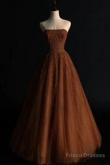 Ball Gown Strapless Tulle Long Prom Dress Evening Dresses