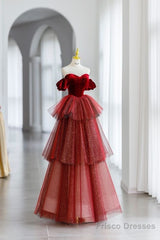 Ball Gown Strapless Tulle Long Red Prom Dress Evening Dresses