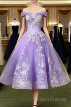 Ball Gown Tea Length Off The Shoulder Embroidery Dress