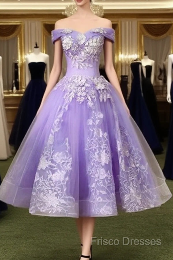 Ball Gown Tea Length Off The Shoulder Embroidery Dress