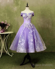 Ball Gown Tea Length Off The Shoulder Embroidery Dress
