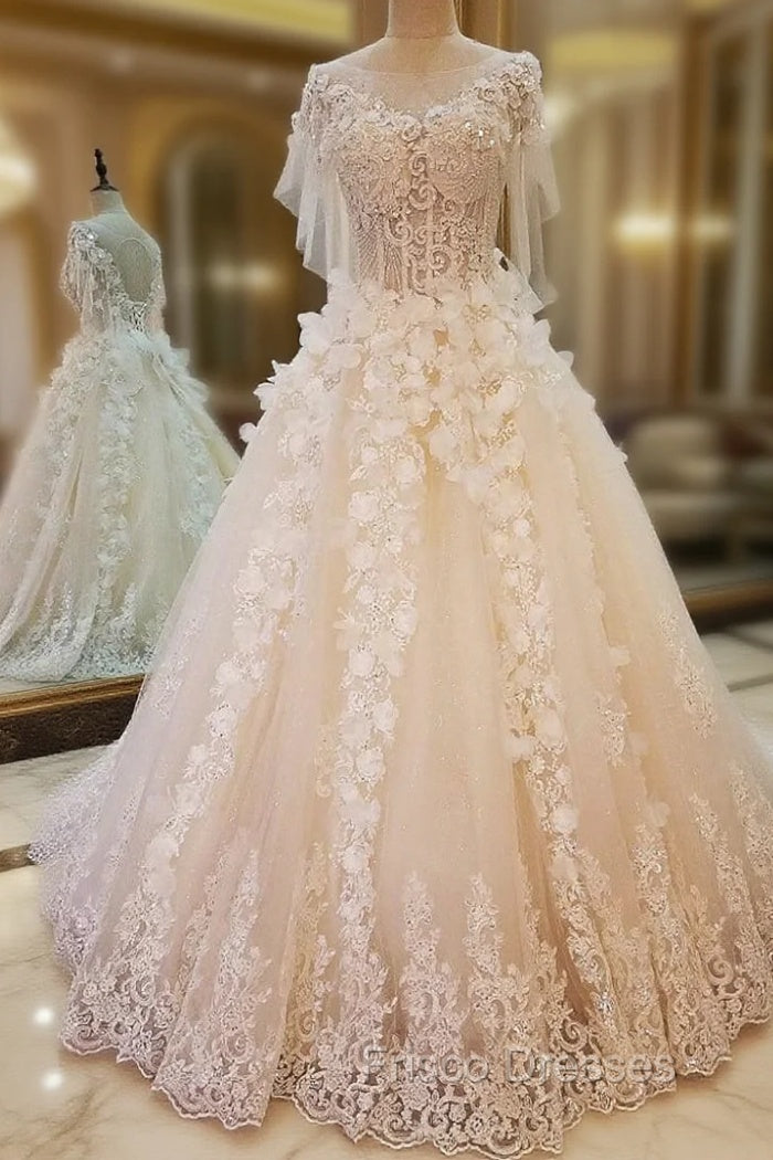 Ball Gown Tulle Appliques Beading Backless Haute Douture Wedding Dress