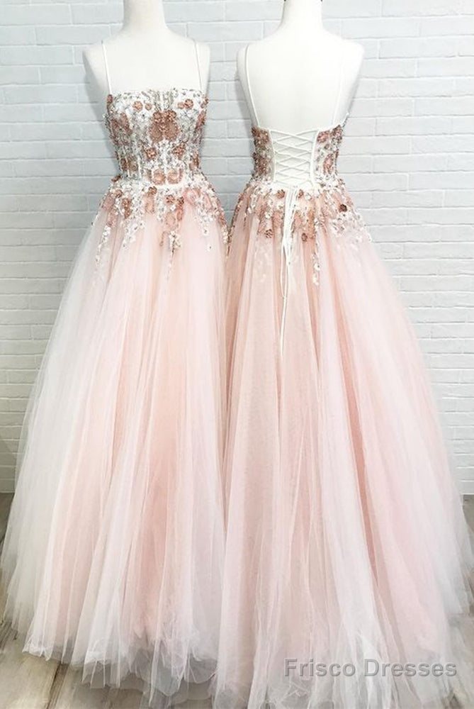 Ball Gown Tulle Long Prom Dresses With Appliques And Beading