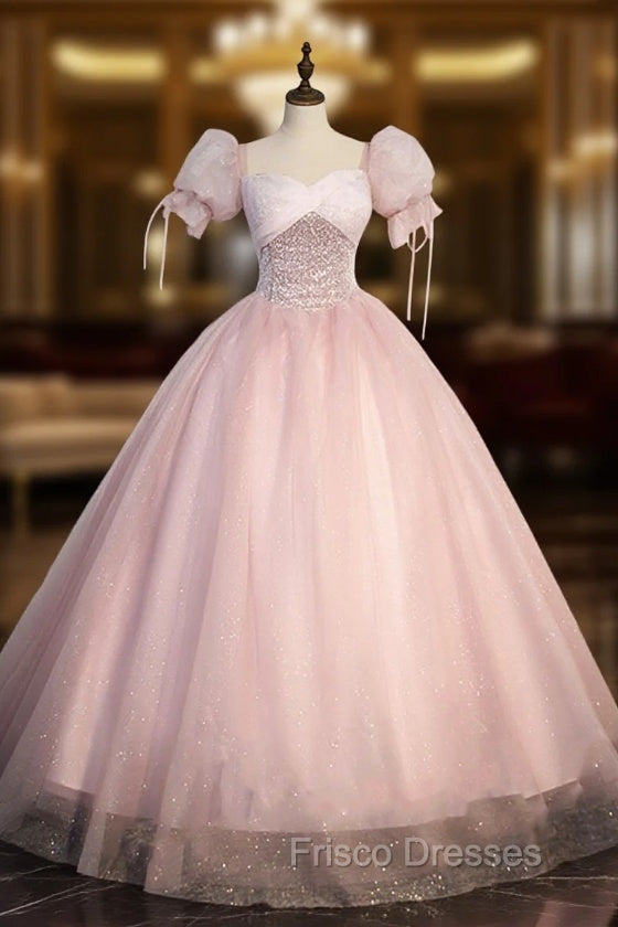 Ball-Gown Tulle  Pink Sweetheart Floor-Length Graduation Birthday Party Dress with Sequined