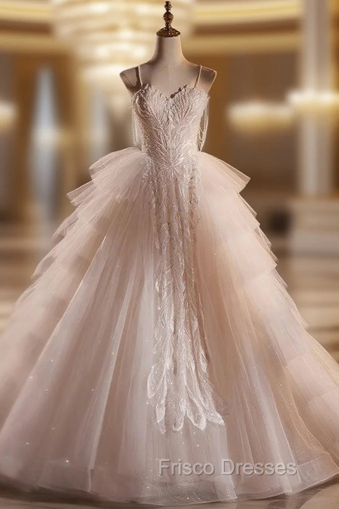 Ball Gown Tulle Spaghetti Straps Tiers Wedding Dress