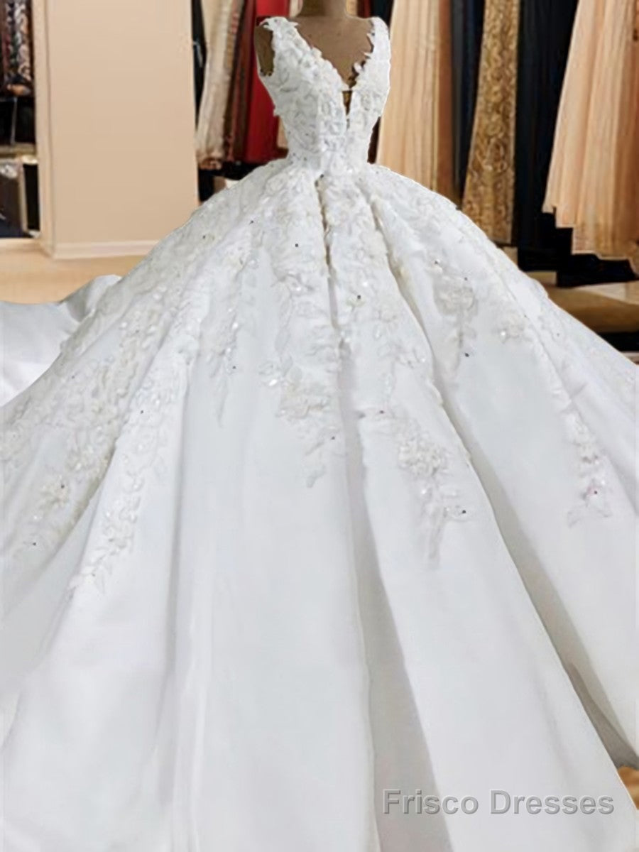 Ball-Gown V-Neck Appliques Lace Sweep Train Satin Wedding Dress Main image