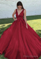Ball Gown V Neck Court Train Lace Tulle Prom Dresses With Appliqued Beading
