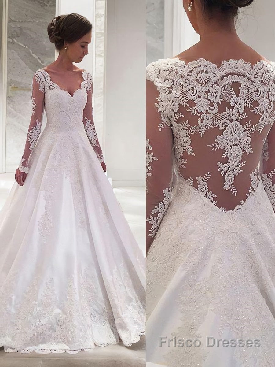 Ball Gown V-neck Court Train Satin Wedding Dresses With Appliques Lace Main image
