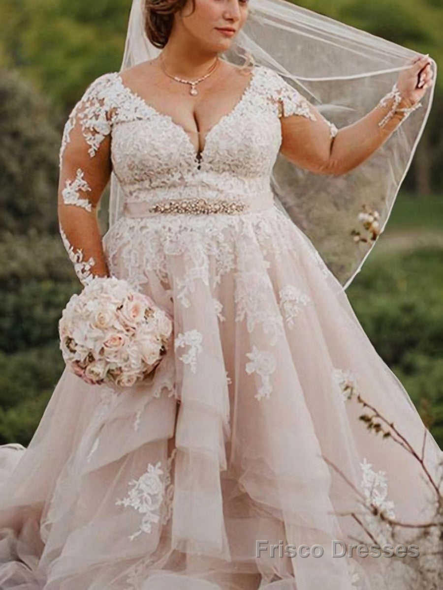 Ball Gown V-neck Court Train Tulle Wedding Dresses With Appliques Lace Main image
