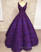 Ball Gown V Neck Dress With 3D Lace Flowers