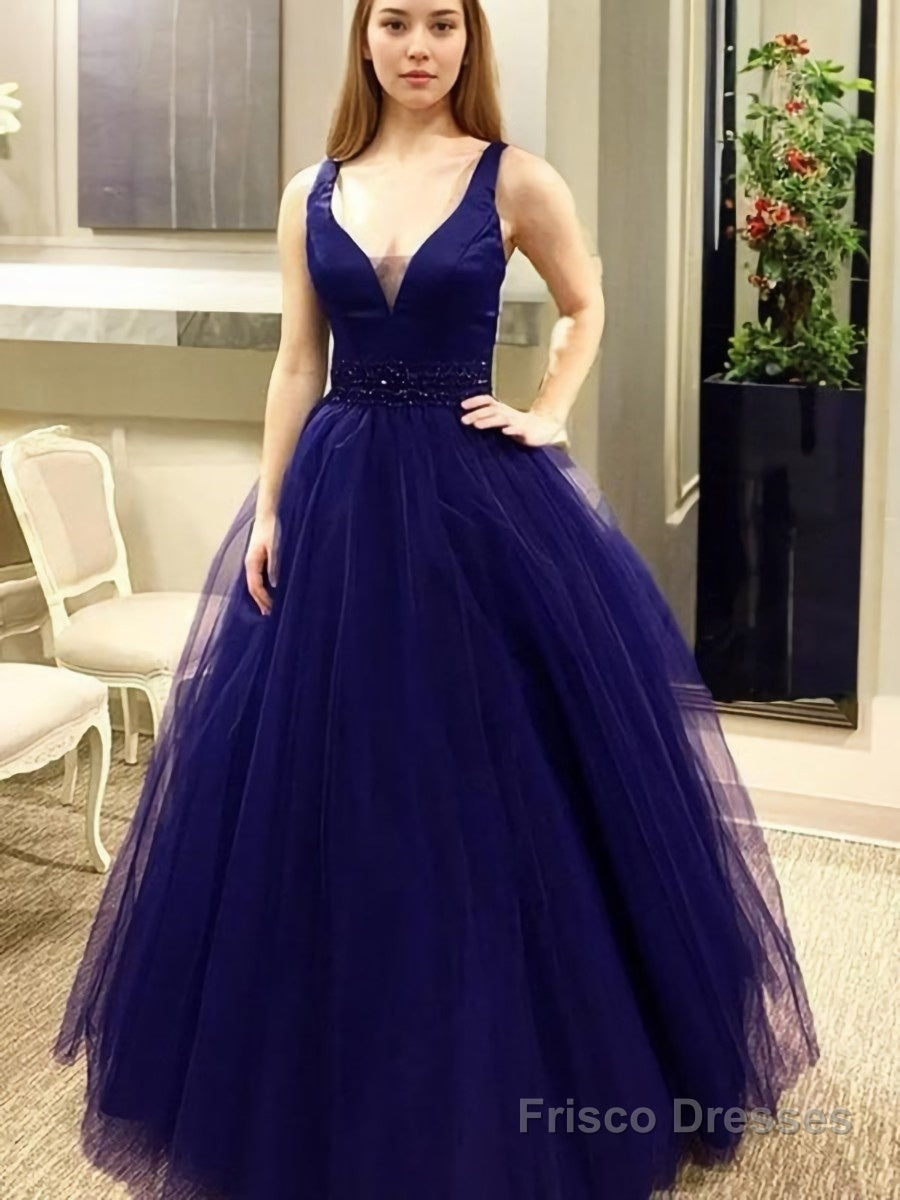 Ball Gown V-neck Floor-Length Tulle Evening Dresses With Beading Main image