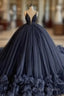 Ball Gown V Neck Tulle Black Wedding Dress Spaghetti Straps Formal Dress