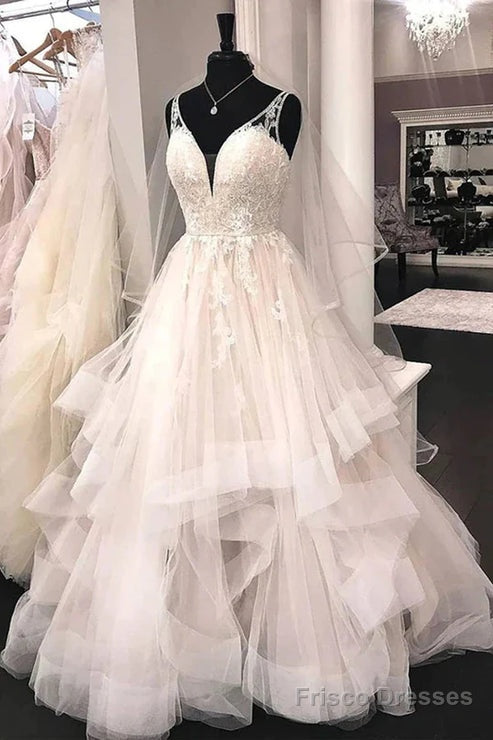 Ball Gown V Neck Tulle Lace Wedding Dresses A Line Floor Length Beautiful Main image